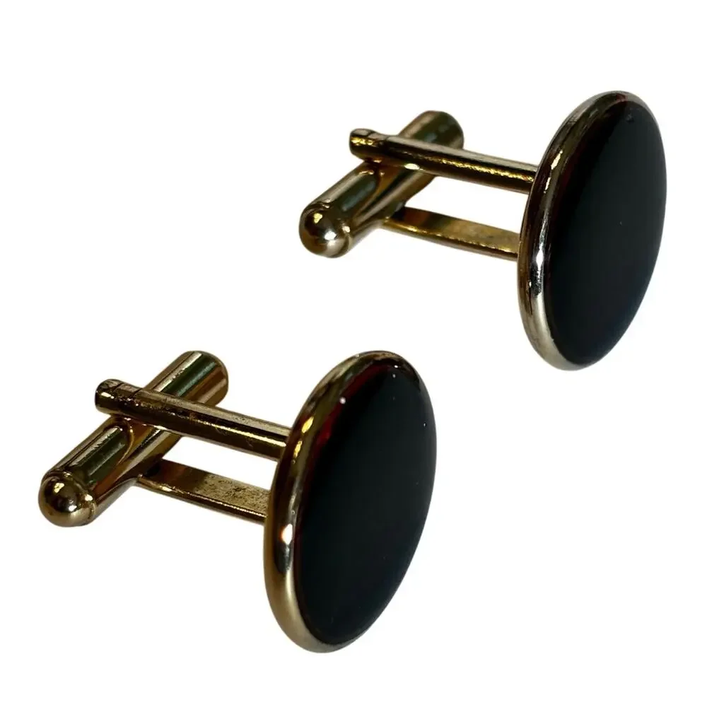 Vintage Mid Century Goldtone & Black Enamel Cufflinks 1970's Mens Suit Jewelry